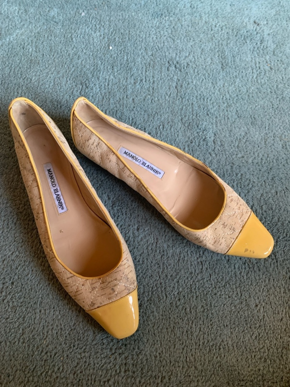 Manolo Blahnik Signed Patent Leather Gold Yellow Cork Flats Shoes Sz.39